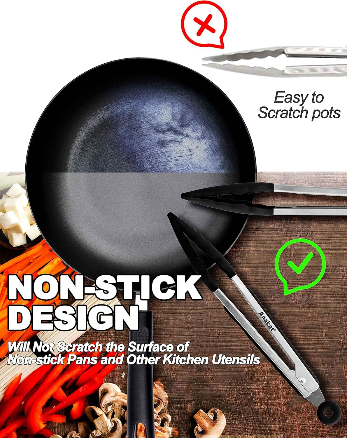 Non-Stick Silicone Locking Tong - Stainless Steel 7" Mini Kitchen Food Tongs with Non-Slip Silicone Tips and Grip for Cooking, Baking and BBQ - Heat Resistant up to 480°F (Black)