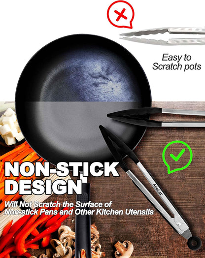 Non-Stick Silicone Locking Tong - Stainless Steel 7" Mini Kitchen Food Tongs with Non-Slip Silicone Tips and Grip for Cooking, Baking and BBQ - Heat Resistant up to 480°F (Black)