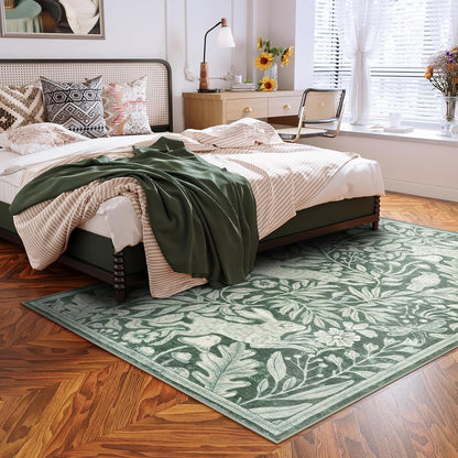 Rabbit 5X7 Washable Rugs for Living Room, Animal Soft Rugs for Dining Room, Whimsical Forest Woodland Print Green Carpet for Bedroom, Nature Non Shedding Non Slip Carpets Accent Rug
