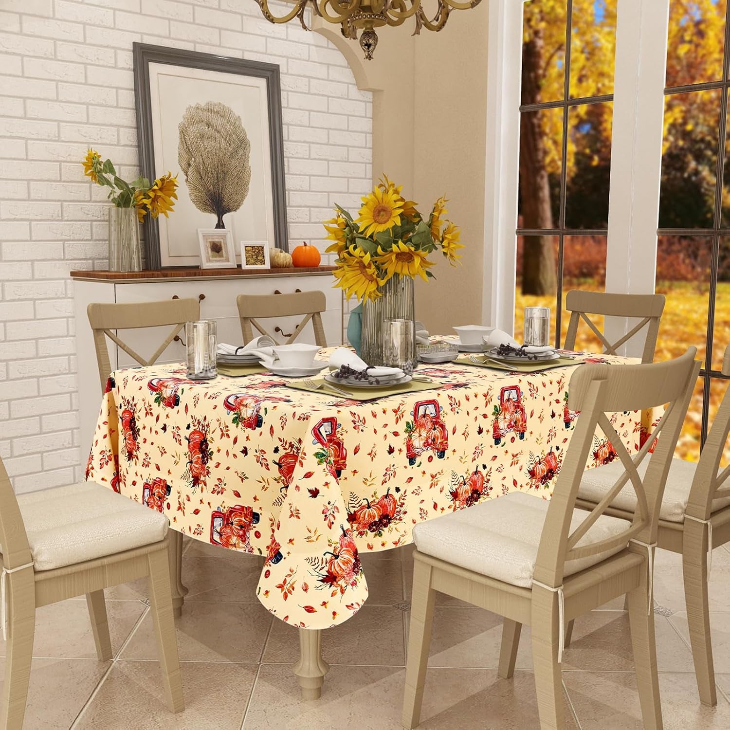 Rectangle Waterproof Vinyl Table Cloth, Wipeable Tablecloth with Flannel Backing, Plastic Table Cover for Fall, Thanksgiving (Pumpkin Truck, 60" X 84")