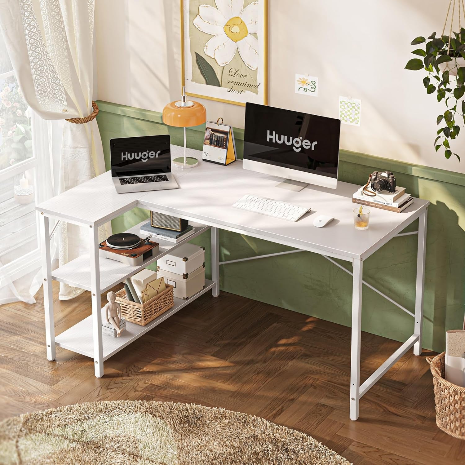 L-Shaped Reversible Corner Gaming Desk - 47" with Metal Frame and White Finish