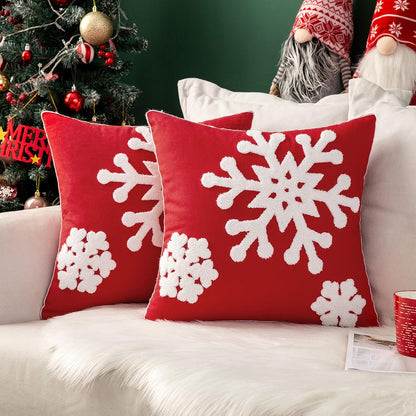 Pack of 2 Christmas Decorative Snowflake Throw Pillow Covers Canvas Embroidery Winter Cushion Cases Holiday Decor Soft Pillowcases for Winter Couch Sofa Bedroom Car（Red, 18X18In）