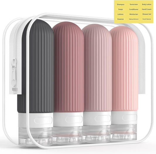 Travel Bottles for Toiletries, TSA Approved 3Oz Silicone Journey Size Containers, Portable Split Bottle for Conditioner, Shampoo, Lotion- 4 Pack Pink