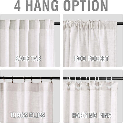 Linen Curtains 63 Inch Length 2 Panels Set, Semi Sheer Light Filtering Curtain Back Tab, Rod Pocket Pinch Pleated Farmhouse Drapes for Living Room, 52X63 Natural White with Brownish Linen