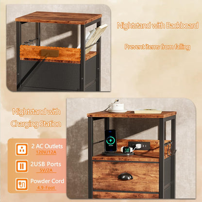End Table with Charging Station, Nightstand with Fabric Drawers, Side Table with USB Ports & Outlets, Night Stand with Storage Shelf & Hooks, for Living Room/Bedroom, Rustic Brown