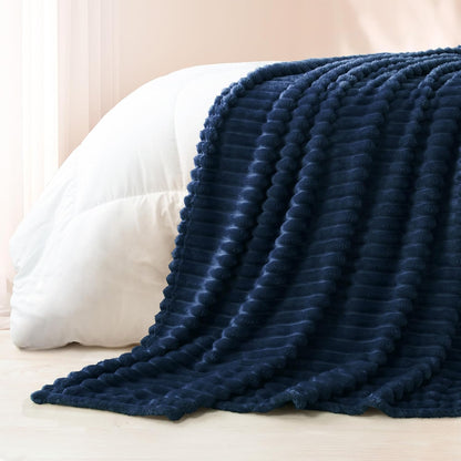 Super Soft Striped Jacquard Fleece Throw Blanket for Couch, Lightweight Cozy Blanket for All Seasons, 50x60 Inches, Navy Blue