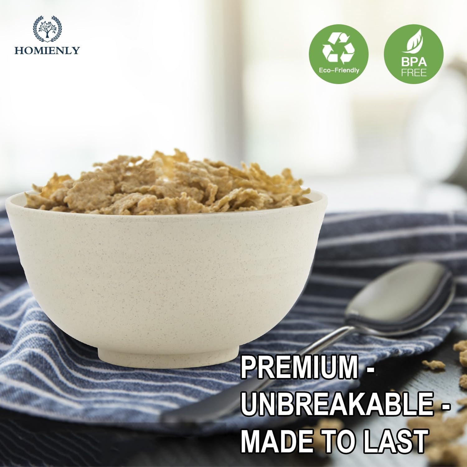 Wheat Straw Bowls Set of 8 - Durable, Lightweight Cereal Bowls, Microwave and Dishwasher Safe for Versatile Kitchen and Camping Use (Beige, 26 OZ)