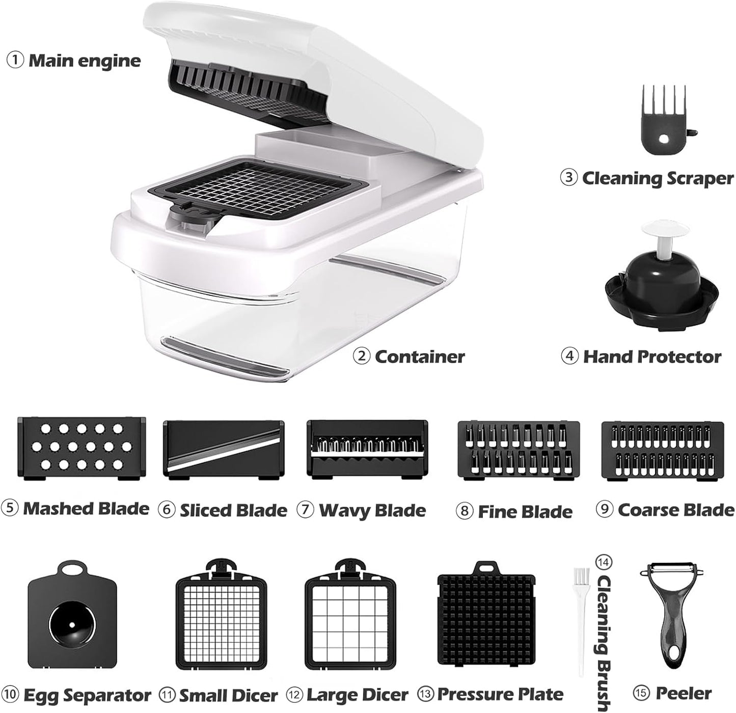 Vegetable Chopper for Mandoline Slicer, 15-In-1 Veggie Choppers, Cheese Grater, Onion Cutter with Container, Kitchen Gadgets Essentials, Vegetable Dicer, Onion Mincer Tomato Slicer (White)