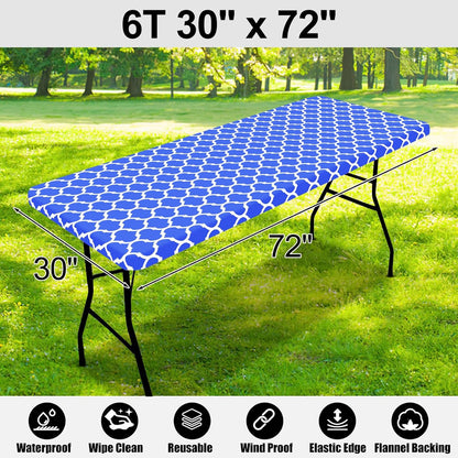 Waterproof Elastic Fitted Rectangle Picnic Table Cover for 6-Foot Tables, Wipeable Flannel-Backed Vinyl Protector for Indoor and Outdoor Use (Blue, 30x72 Inches)
