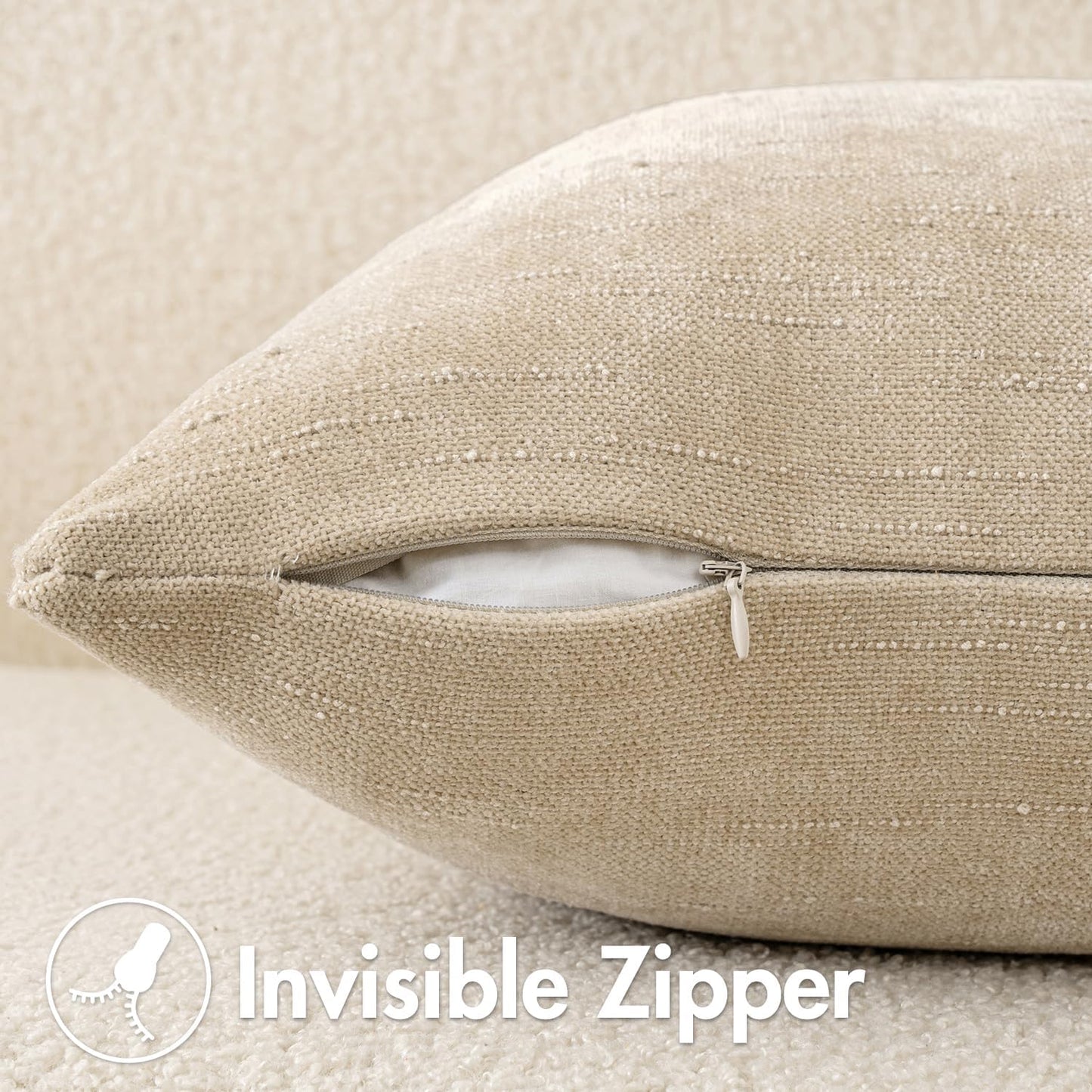 Pack of 2 Decorative Throw Pillow Covers Soft Chenille Throw Pillows Solid Textured Cushion Covers for Couch Sofa Bedroom Living Room 18X18 Inch, Beige