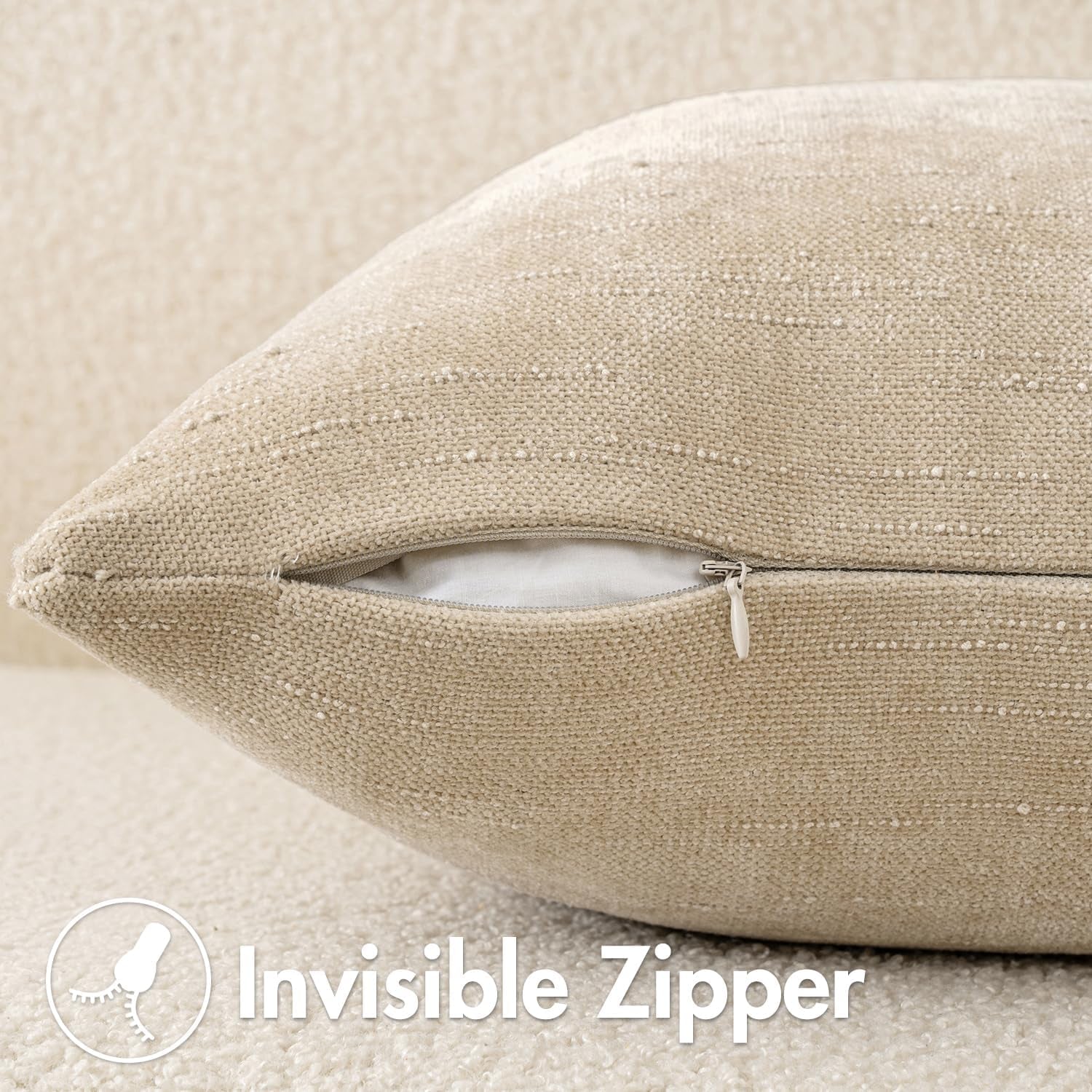 Pack of 2 Decorative Throw Pillow Covers Soft Chenille Throw Pillows Solid Textured Cushion Covers for Couch Sofa Bedroom Living Room 18X18 Inch, Beige