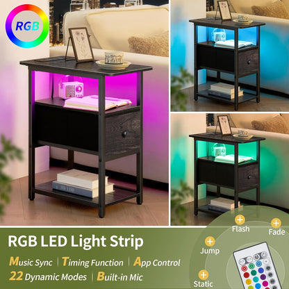 End Table with Charging Station, Narrow Side Table with Adjustable Fabric Drawer, 3-Tier End Tables Living Room, Small Nightstand with Outlets, LED Skinny Night Stand for Bedroom Small Spaces