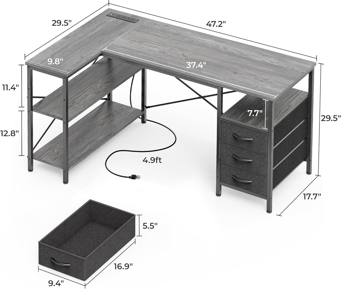 L-Shaped Office Desk with Power Outlets, 47-Inch Computer Desk Featuring 3 Drawers and Shelves for Gaming, Home Office, and Study - Grey