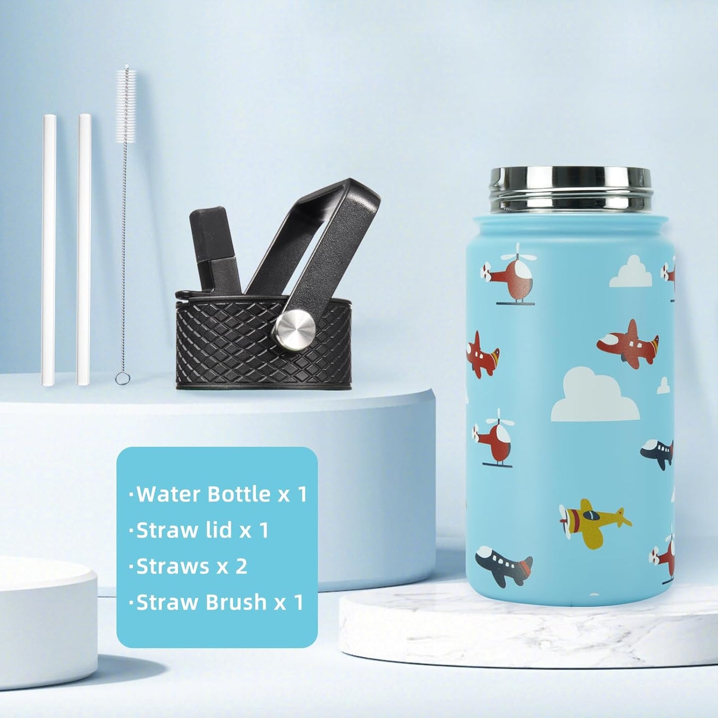 Water Bottle with Straw Lid, 15 Oz Insulated Water Bottle, Stainless Steel Metal Water Bottles, Reusable Leak Proof BPA Free Thermo, Flask, Cups, Aircraft