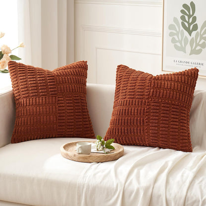 Fall Set of 2 Dark Rust Decorative Pillow Covers 18X18 Inch Textured Striped Patchwork Accents Farmhouse Boho Soft Corduroy Couch Pillows for Sofa Living Room Bed Home Decor