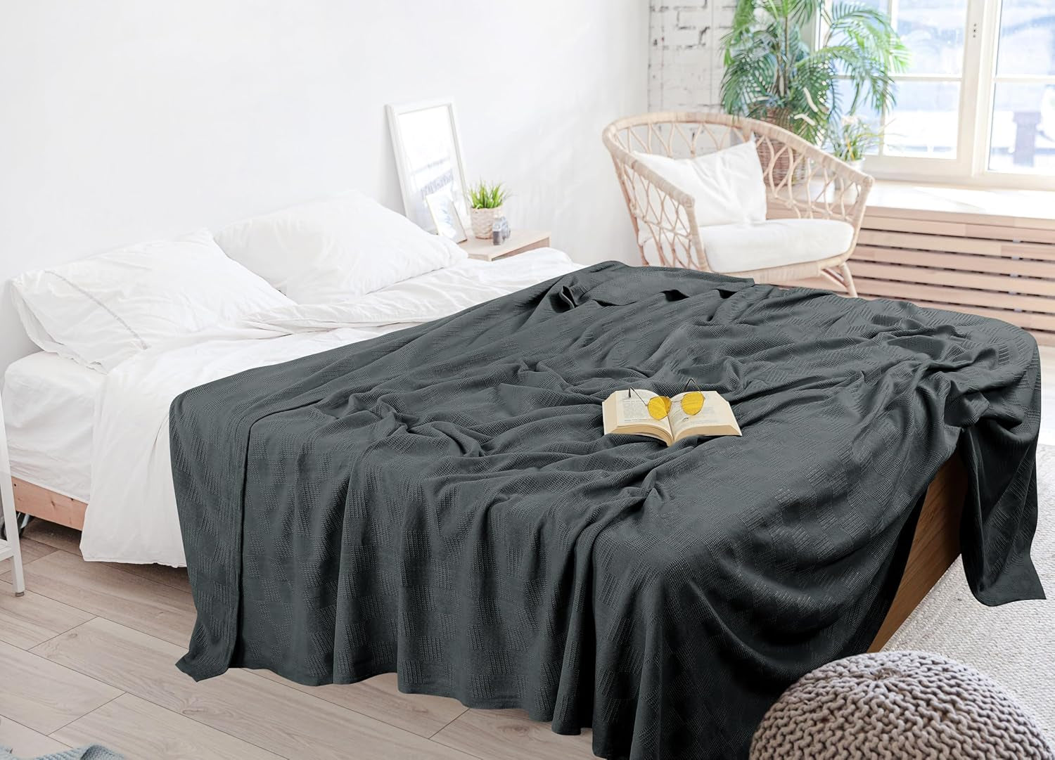Smoke Gray 100% Cotton Blanket [Queen Size - 90X90 Inch] 350GSM Lightweight, Soft and Breathable Thermal Blanket for All Seasons