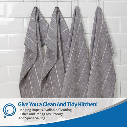 Microfiber Kitchen Towels - Super Absorbent, Soft and Thick Dish Towels, 8 Pack (Stripe Designed Grey Colors), 26 X 18 Inch