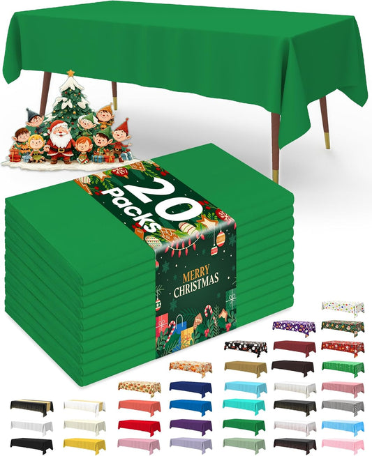 Plastic Table Cloth Disposable 20 Pack, 54 X 108 Inch Table Cloths, St Patricks Day, Christmas Decorations, Tablecloths, Rectangle, Forest, Emerald, Plastic Cover, Leakproof & Sturdy, Green
