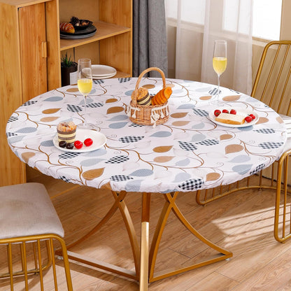 Round Vinyl Fitted Tablecloth with Flannel Backing Elastic Edge Design Table Cover Waterproof Oil-Proof PVC Table Cloth Stain-Resistant Best for 32"-36" Round