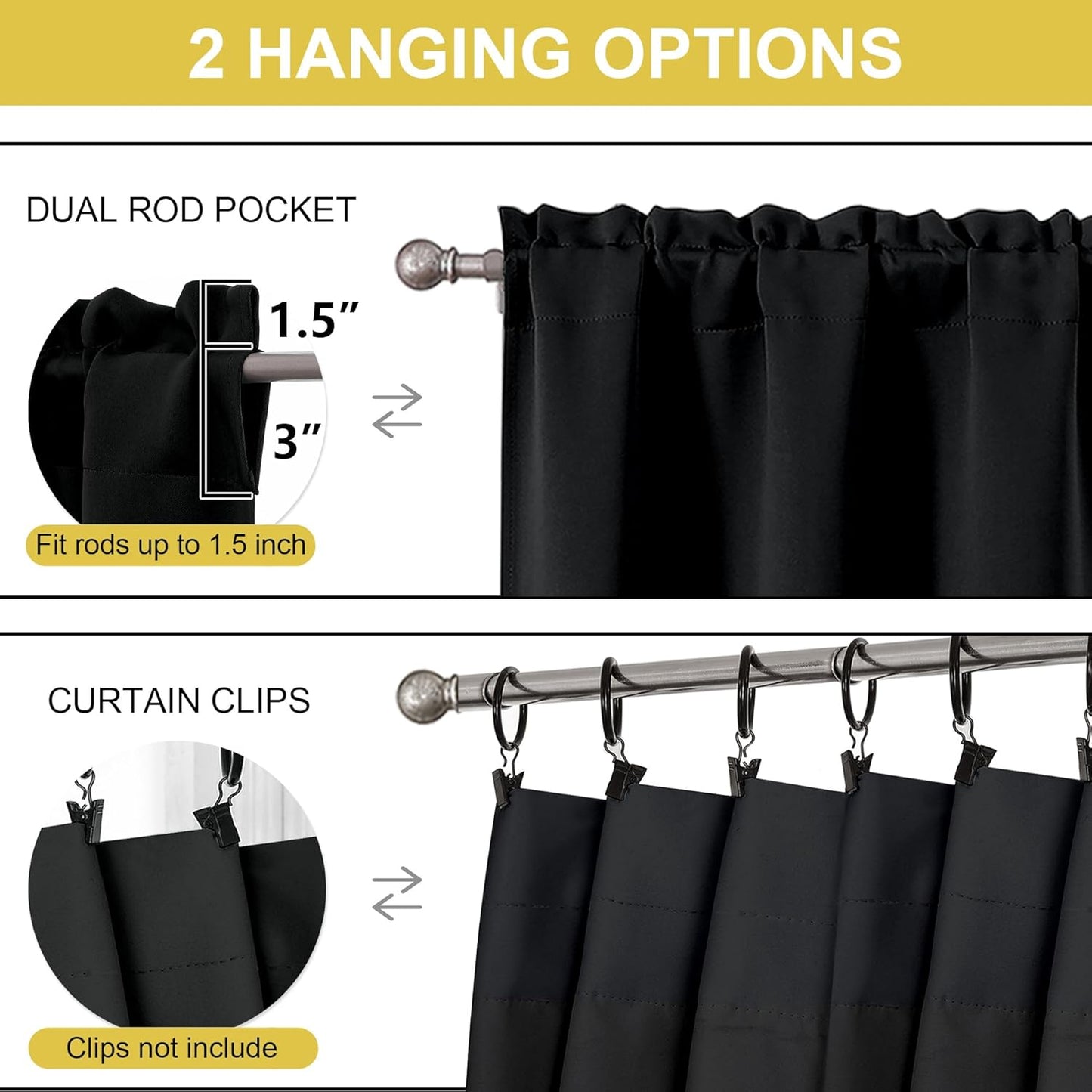 Black Kitchen Curtains 36 Inch Length, Short Blackout Small Thermal Insulated Curtains Tier over Sink Rod Pocket Half Window for Bathroom Bedroom Camper RV Bunk, 2 Panels, Each 30" Wx36 L