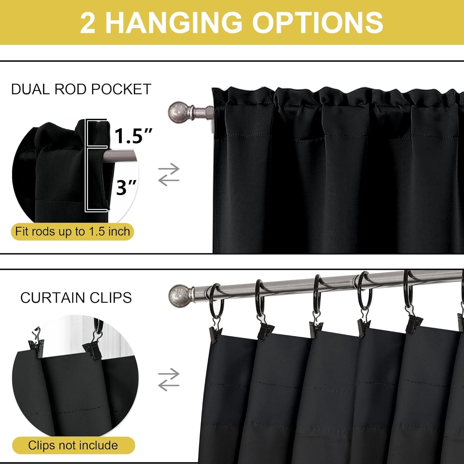 Black Kitchen Curtains 36 Inch Length, Short Blackout Small Thermal Insulated Curtains Tier over Sink Rod Pocket Half Window for Bathroom Bedroom Camper RV Bunk, 2 Panels, Each 30" Wx36 L