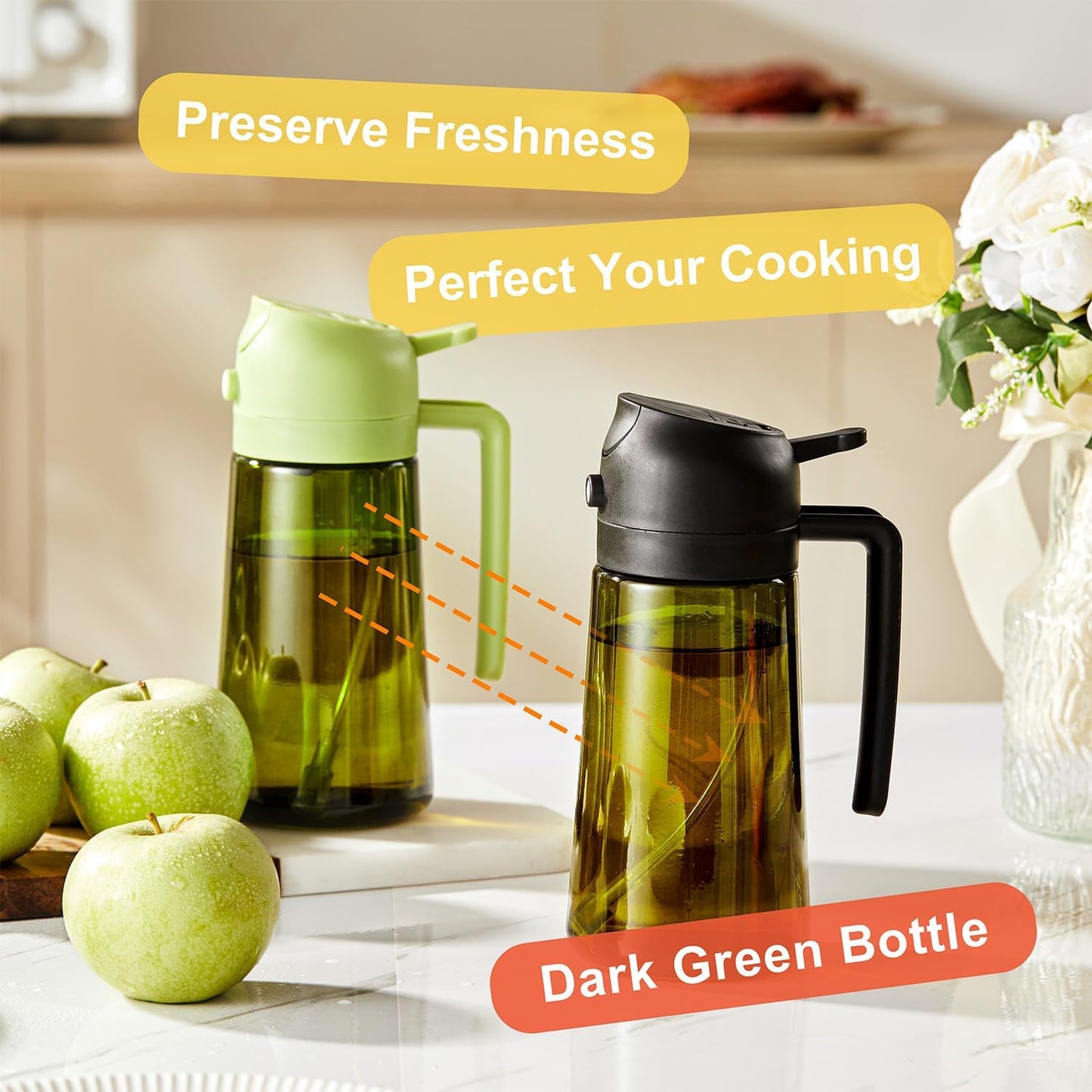- 16Oz/470Ml Olive Oil Dispenser for Kitchen with Stickers - 2 in 1 Olive Oil Sprayer for Cooking, Air Fryer, and Salad, Black&Green (Light-Proof Kitchen Gadget)