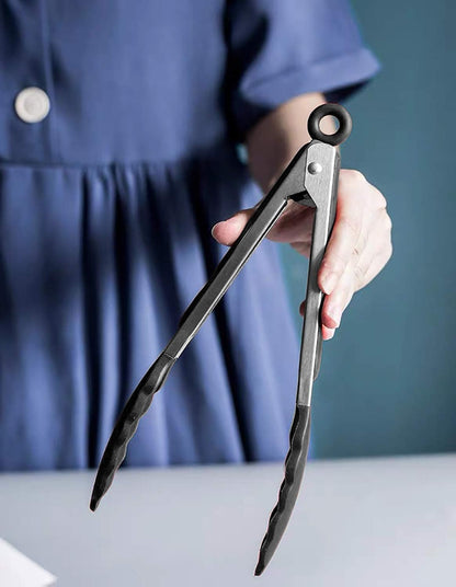 Serving Tongs 9-Inch Cooking Tongs with Silicone Tips, Set of 3 (Black)