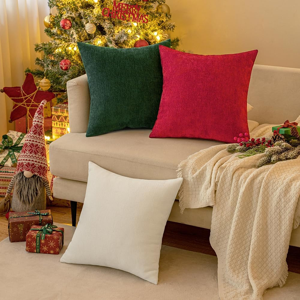 Pack of 2 Red Decorative Christmas Pillow Covers 20X20 Inch Soft Chenille Couch Throw Pillows Farmhouse Cushion Covers for Home Decor Sofa Bedroom Living Room