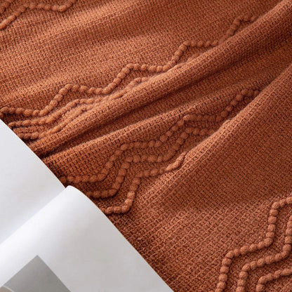 Knitted Boho Throw Blanket for Couch Textured Knit Terracotta Rust Blanket with Tassels Cozy Woven Farmhouse Blanket for Sofa Bed Chair Wave Pattern Fall Decor 50"X60", Orange
