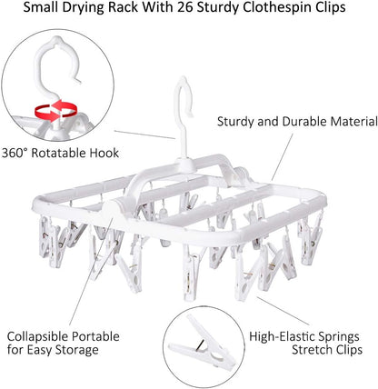 Foldable Clip Hangers with 26 Drying Clips, Underwear Hanger with Clips, Plastic Laundry Clip and Drip Drying Hanger for Socks, Bras, Lingerie, Clothes, Sturdy, White