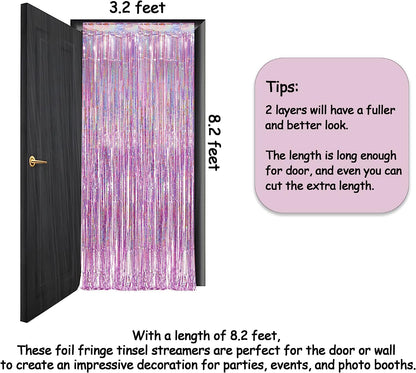 Pink Tinsel Curtain Party Backdrop -  Foil Fringe Curtain Lilac Pink Party Streamers for Birthday Girl Princess Bachelorette Euphoria Taylor Themed Party Decorations - 2 Packs