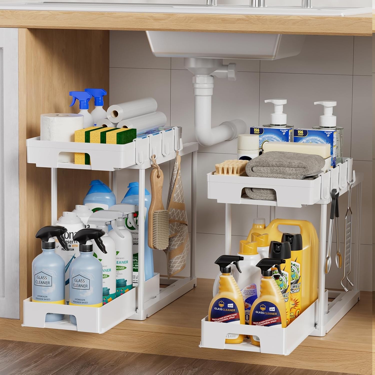 under Sink Organizers and Storage, 2 Pack Pull Out Kitchen Bathroom Cabinet Organizer, 2 Tier White under Sink Storage for Bathroom Kitchen, under Counter Storage Organizer with 8 Hooks