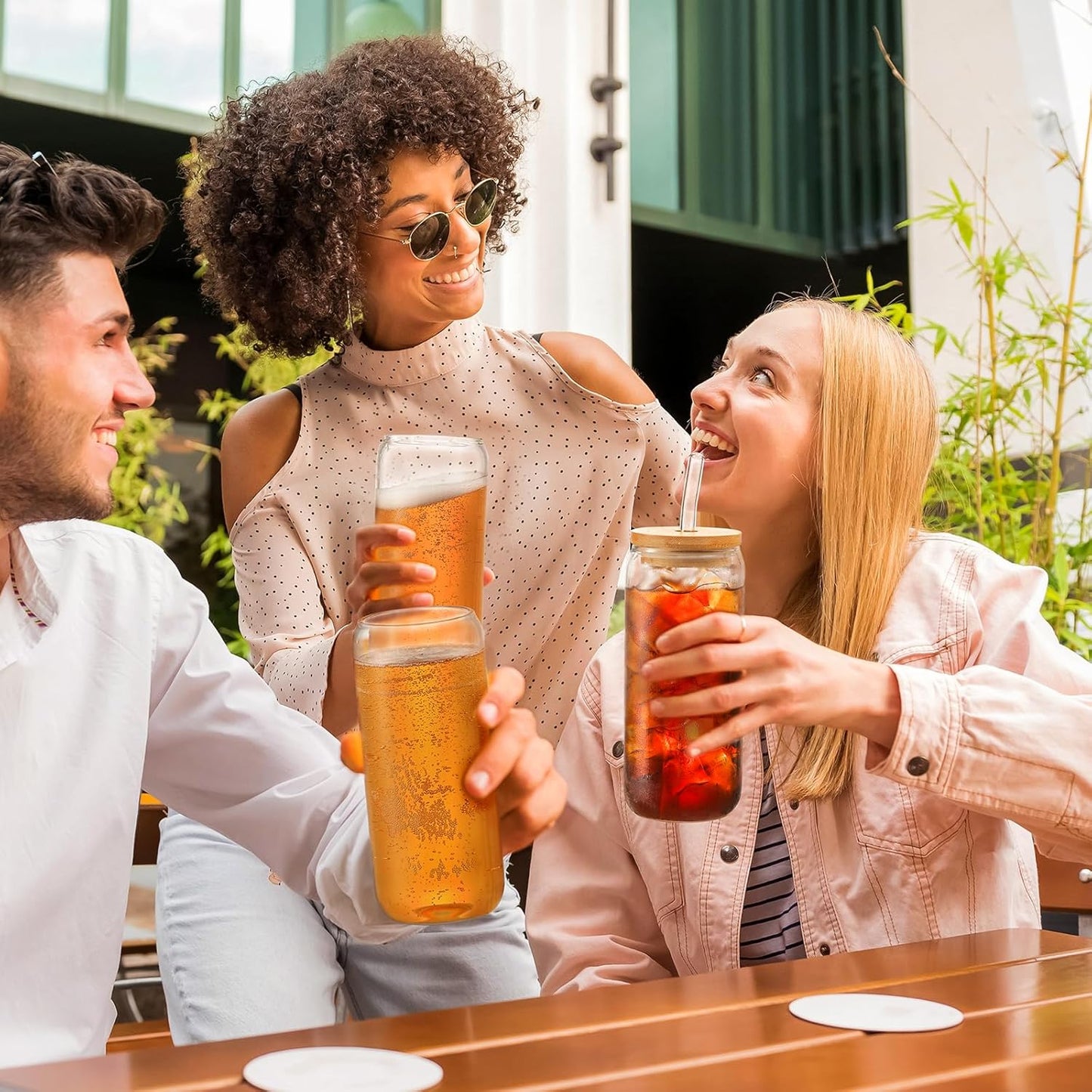 20 OZ Glass Cups with Bamboo Lids and Glass Straw - Beer Shaped Drinking Glasses Set, Iced Coffee Glasses, Cute Tumbler Cup, Aesthetic Coffee Bar Accessories, Gift - 2 Pack