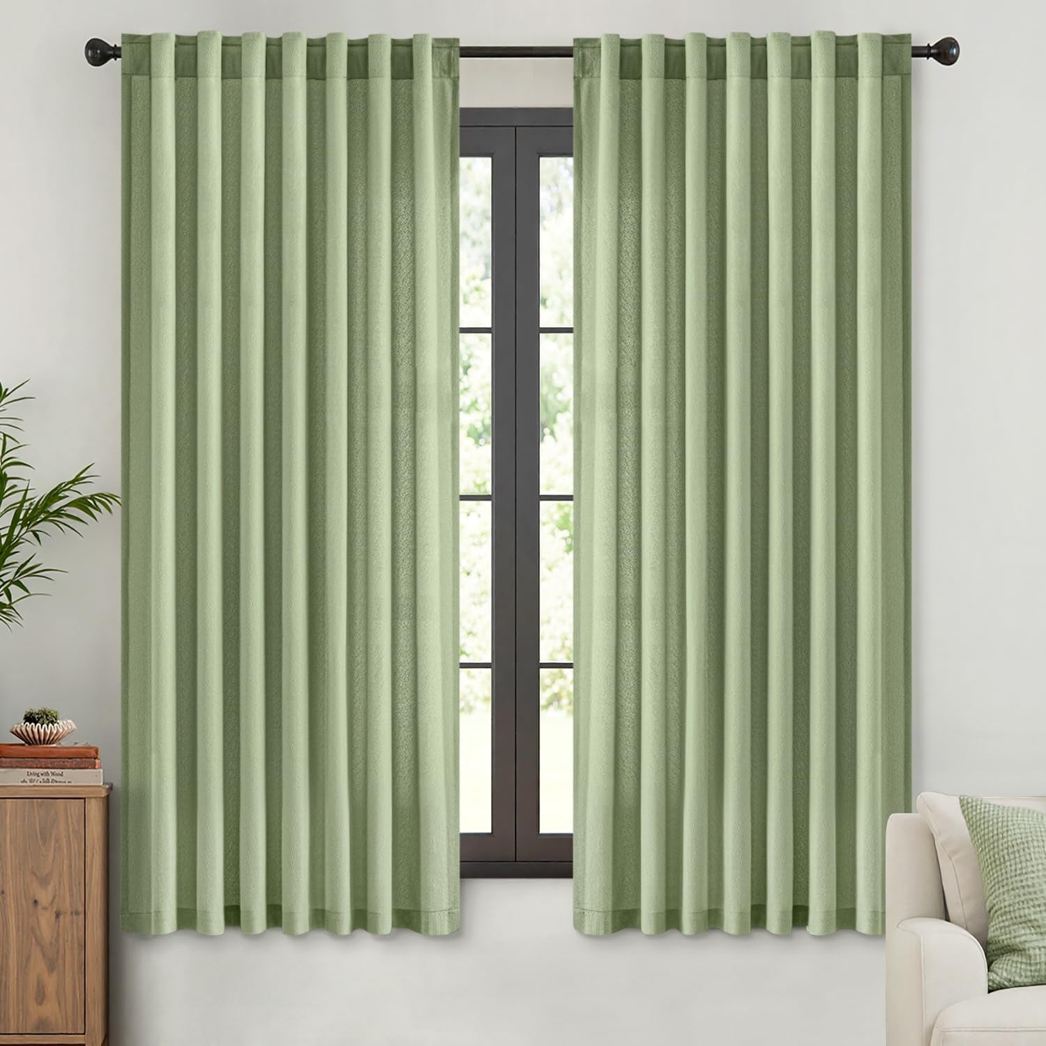 Sage Green Thermal Insulated Curtains 63 Inch Long 2 Panels Set for Summer Heat Blocking Non See through Privacy Thick Semi Sheer Light Filtering Back Tab Window Drapes for Bedroom Living Room