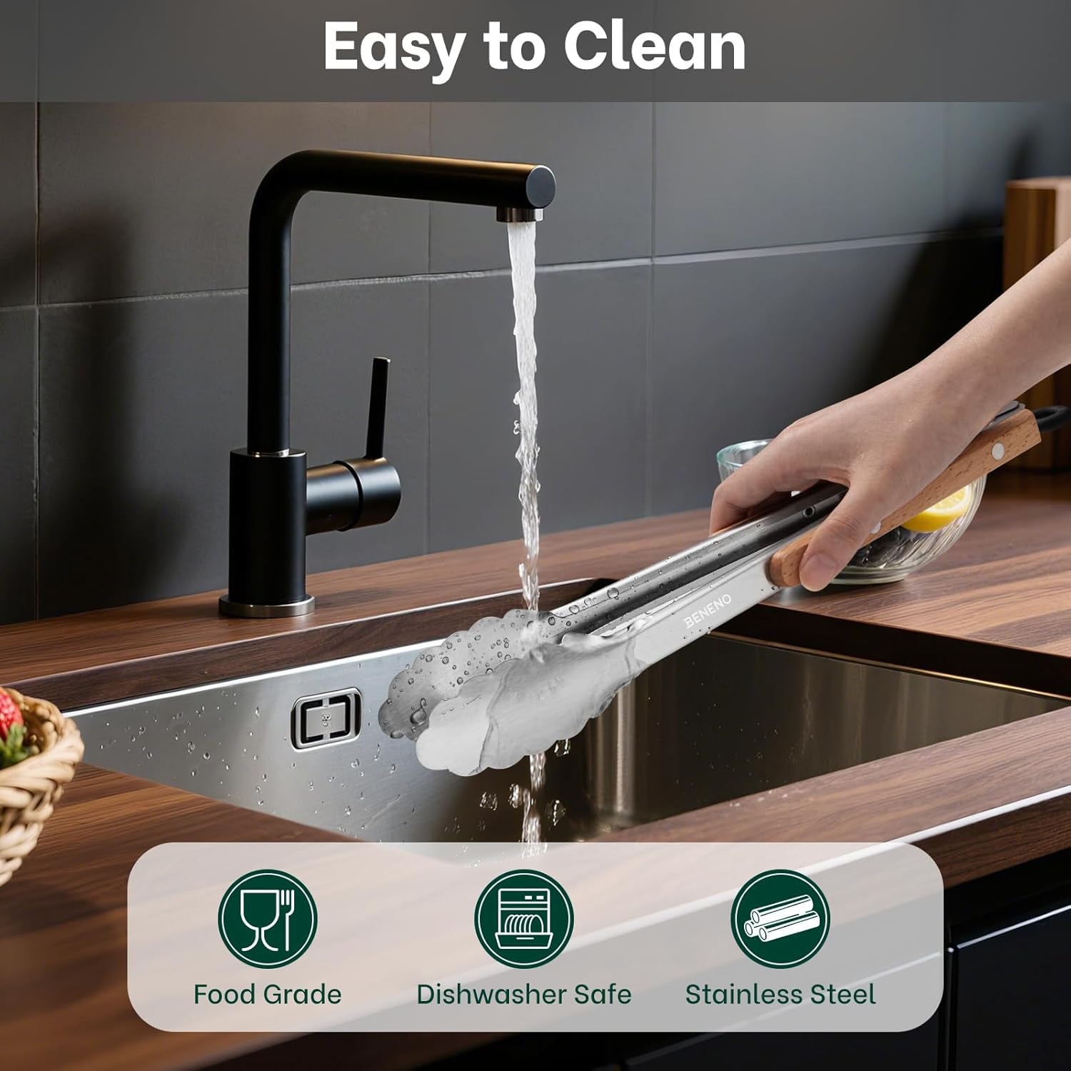 Tongs for Cooking, Food-Grade Stainless Steel Kitchen Tongs 12-Inch with Lightweight Heat-Insulating Wooden Grip & Non-Slip Scalloped Tips, Sturdy Locking Metal Tong for Cooking, Grill