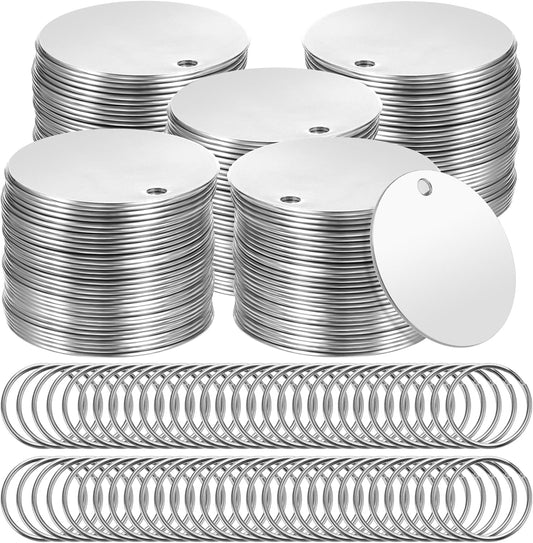 100-Piece Set of 1.5-Inch Round Stainless Steel Metal Stamping Blanks with Holes and Key Rings for Jewelry Making, Personalized DIY Crafts, and Pet ID Tags