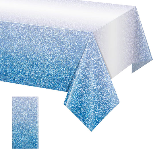 1 Pack Ombre Blue Plastic Tablecloth for Parties, Gradient Pastel Blue Disposable Tablecloths for Rectangle Tables, Sprinkle Table Cover for Wedding Birthday Anniversary Party, 54 X 108Inch
