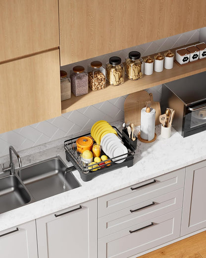 Dish Drying Rack - Multi-Functional Dish Rack for Kitchen Counter with Cutlery Holder, Rust-Proof Storage Solution with Rotatable, 18.3" X 12.0" X 5.5", Black