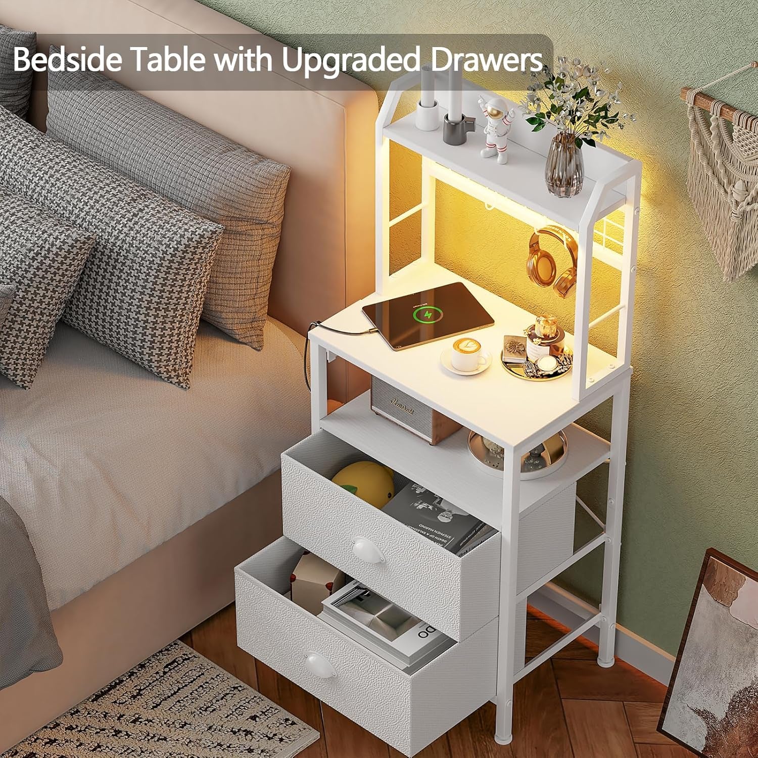 40'' Tall Nightstand with Charging Station, Bedside Table with LED Lights, End Table with 2 Drawers and Storage Shelves, Night Stand with Pegboard for Bedroom, White
