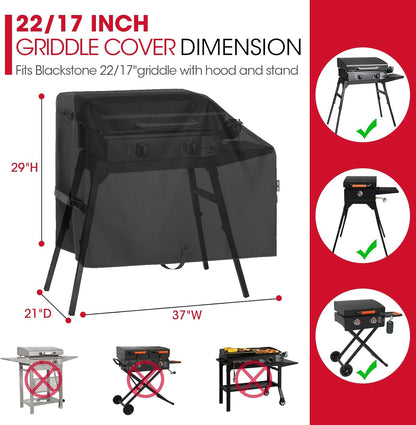 Griddle Cover for Blackstone 22 Inch and 17 Inch Griddle with Hood and Stand, Heavy Duty Waterproof Outdoor BBQ Grill Cover with Sealed Seam, Black