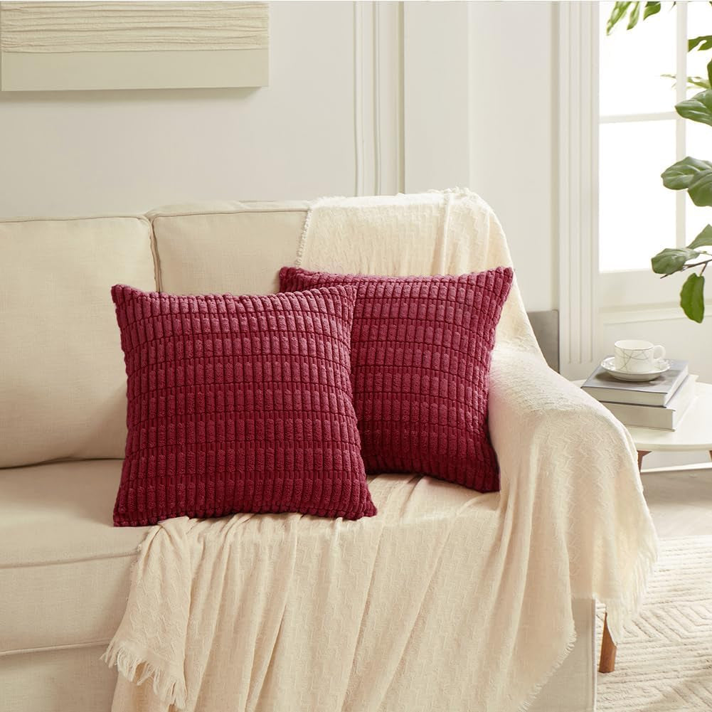 2 Packs Christmas Wine Red Decorative Throw Pillow Covers 18X18 Inch for Living Room Couch Bed Sofa, Modern Farmhouse Boho Home Decor, Soft Corduroy Burgundy Square Cushion Case 45X45 Cm