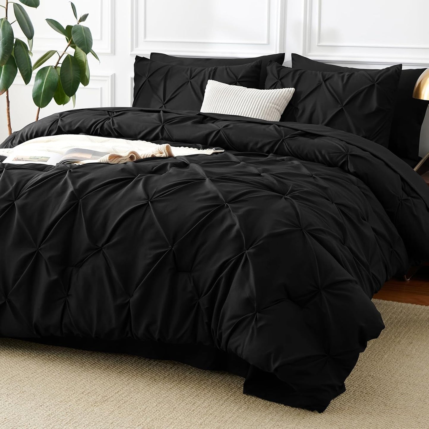 Queen Comforter Set 7 Pieces Bed in a Bag Black Premium Comforters Queen Size Bed Set Pintuck Pinch Pleat Complete Bedding Sets with Comforter, Flat Sheet, Fitted Sheet and Pillowcases & Shams