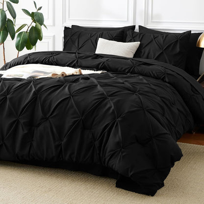 Queen Comforter Set 7 Pieces Bed in a Bag Black Premium Comforters Queen Size Bed Set Pintuck Pinch Pleat Complete Bedding Sets with Comforter, Flat Sheet, Fitted Sheet and Pillowcases & Shams