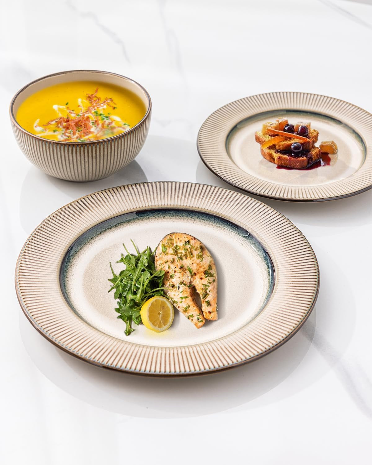 Elegant 18-Piece Embossed Stoneware Dinnerware Set for 8 - Dishwasher and Microwave Safe - Ideal Housewarming and Wedding Gift