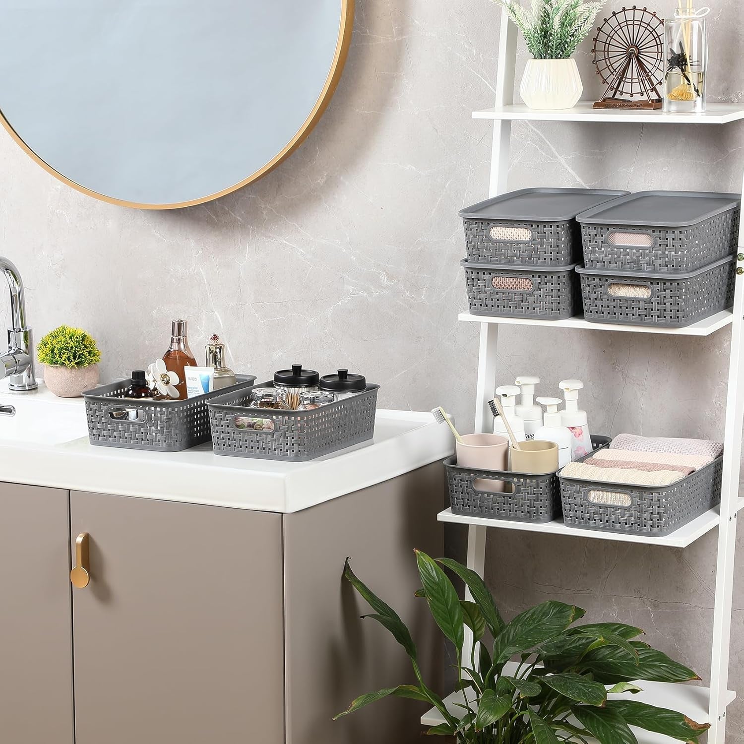 [ 12 Pack ] Plastic Storage Baskets with Lids, Small Pantry Organization, Stackable Storage Bins, Household Organizers for Cabinets, Countertop, Drawers, under Sink or on Shelves,Gray