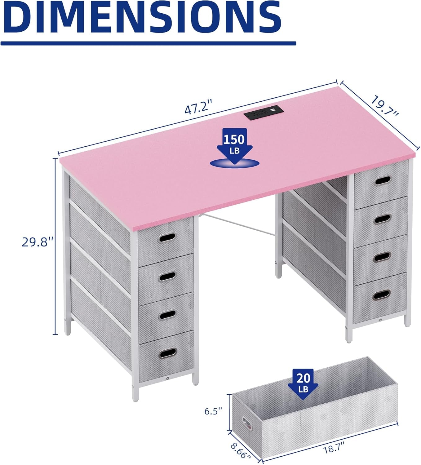 47 Inch Computer Desk with 8 Fabric Drawers and Power Outlet PC Gaming Desk Home Office Study Work Writing Table for Bedroom Pink