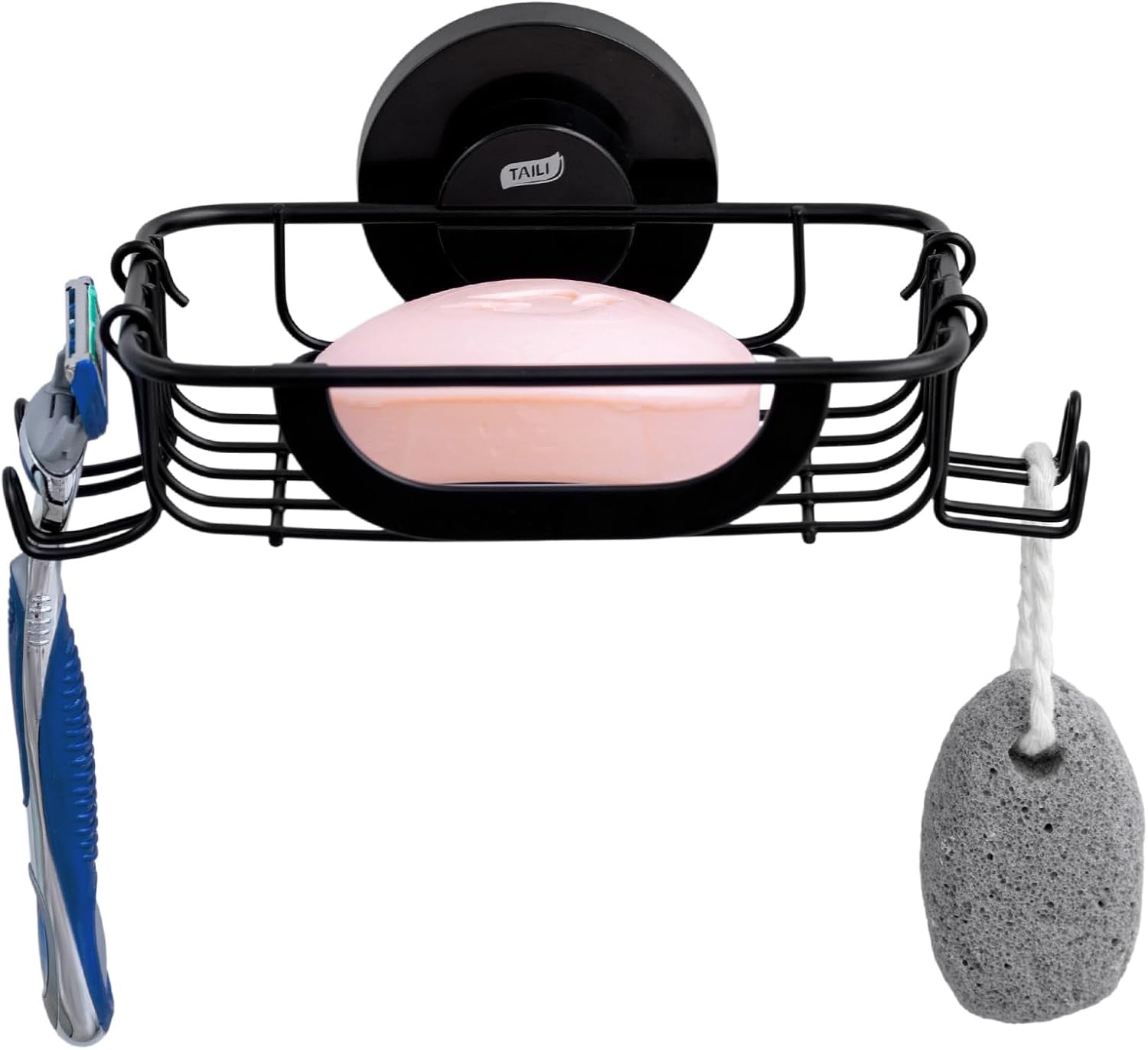 Soap Bar Holder Dish with Hooks, Shower Soap Tray Saver Suction Cup with Razor Holder for Wall, Rustproof Stainless Steel Bath Shampoo Caddy for Bathroom Accessories Organizer,Sink,Black