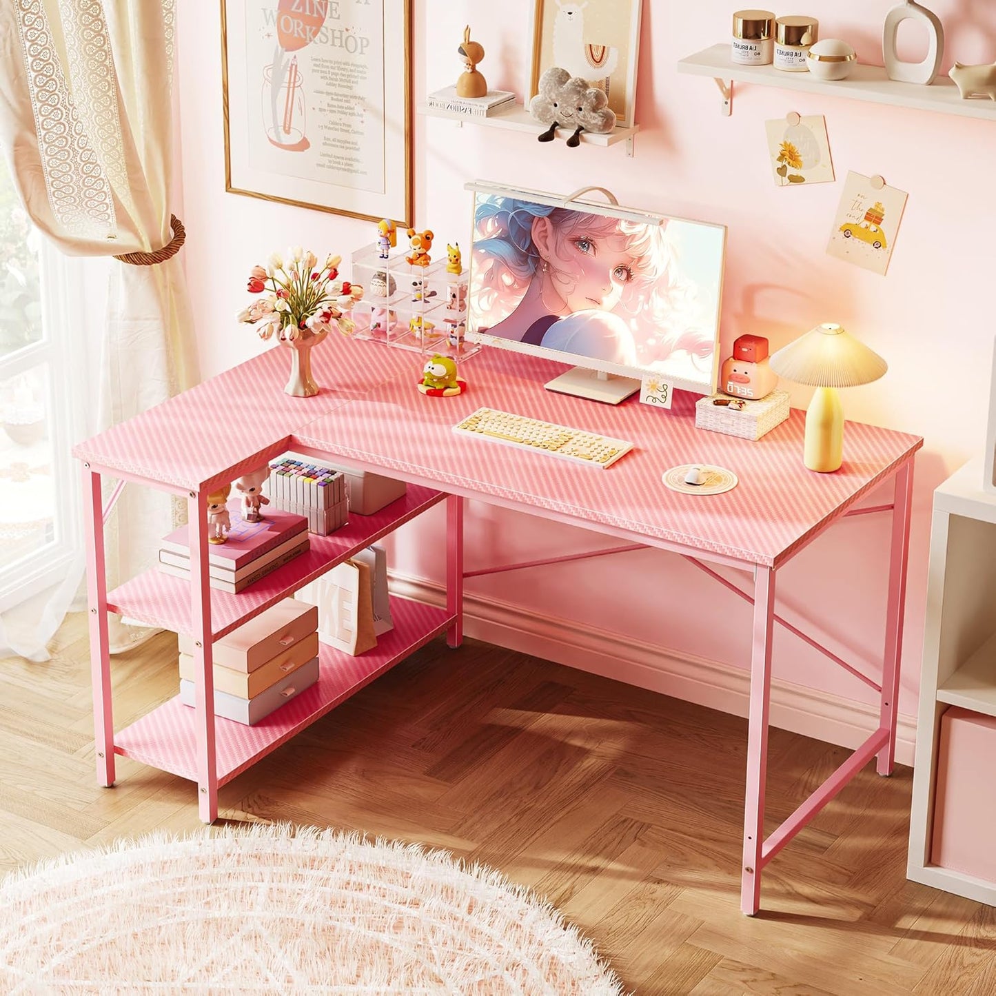 L-Shaped 47-Inch Computer Desk with Reversible Storage Shelves, Corner Gaming and Writing Desk for Home Office, Metal Frame, Pink