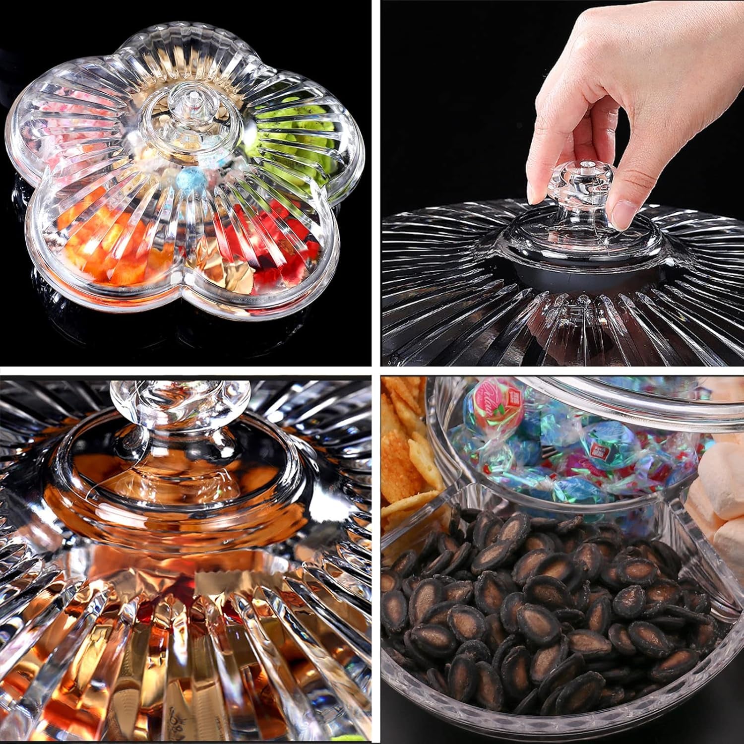 Creative Acrylic Multifunctional Party Snack Tray with Lid,Serving Dishes for Dried Fruits Nuts Candies Fruits,6-Compartment (Clear Flower)