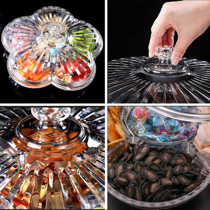 Creative Acrylic Multifunctional Party Snack Tray with Lid,Serving Dishes for Dried Fruits Nuts Candies Fruits,6-Compartment (Clear Flower)
